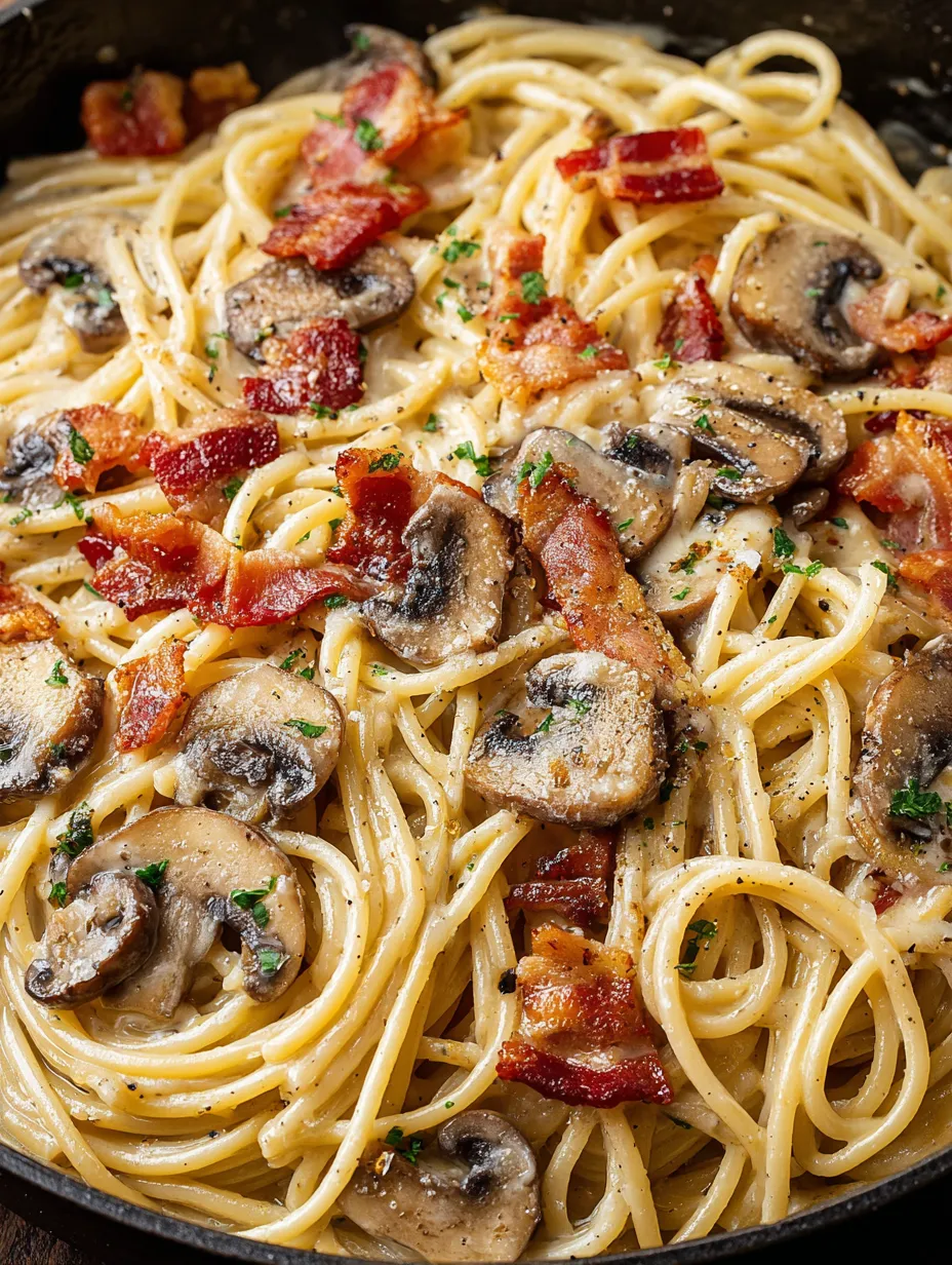Eine Schüssel mit creamy bacon and mushroom pasta.