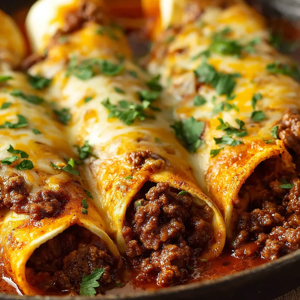 Eine Schüssel mit Rindfleisch-Enchiladas, die in einer roten Sauce serviert werden.