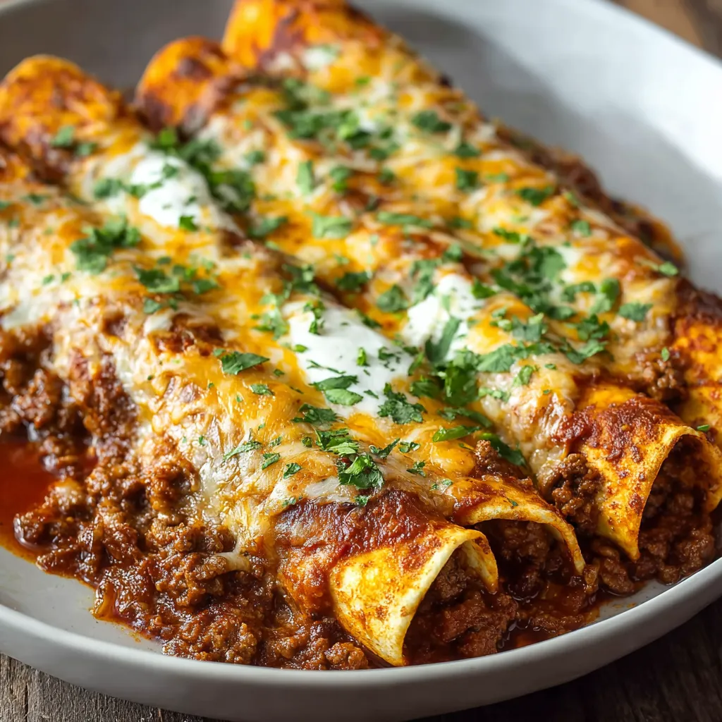 Ein Plate mit Rindfleisch-Enchiladas, die in einer roten Sauce serviert werden.
