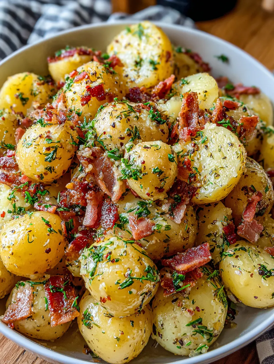 Ein Schüssel mit Kartoffeln, die in Bacon und Senf getaucht sind.