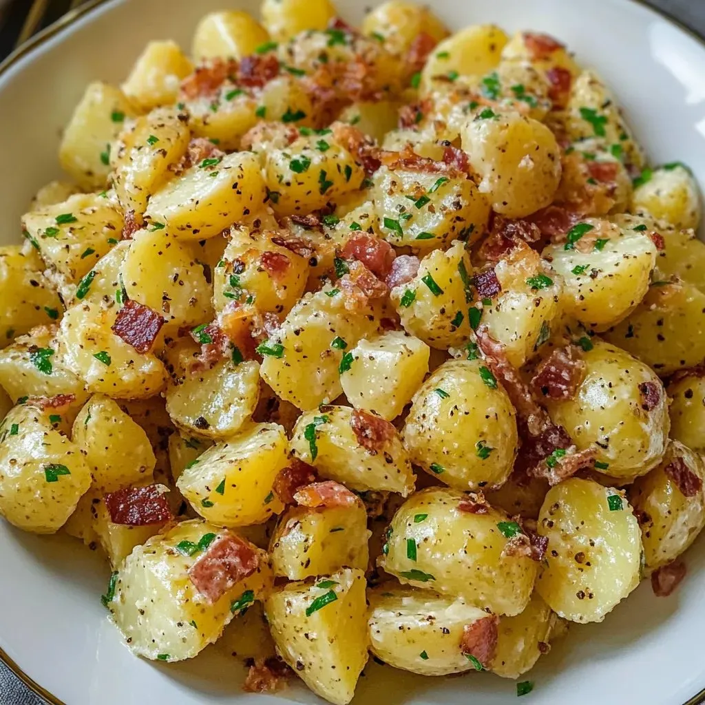 Ein weißer Teller mit Kartoffeln und Bacon.