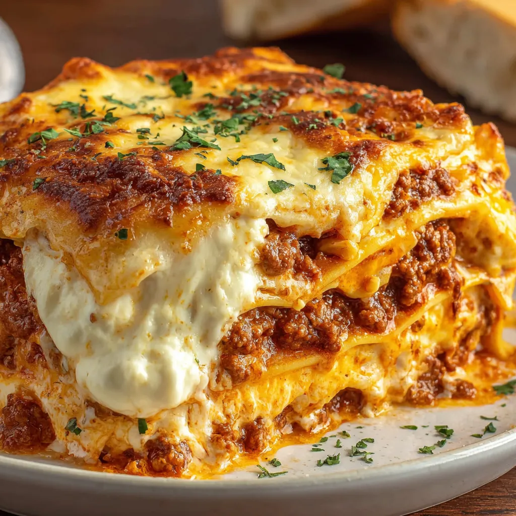 Eine Platte mit einer Lasagne, die aus verschiedenen Zutaten wie Käse, Tomaten, Spinat und Zwiebeln besteht.