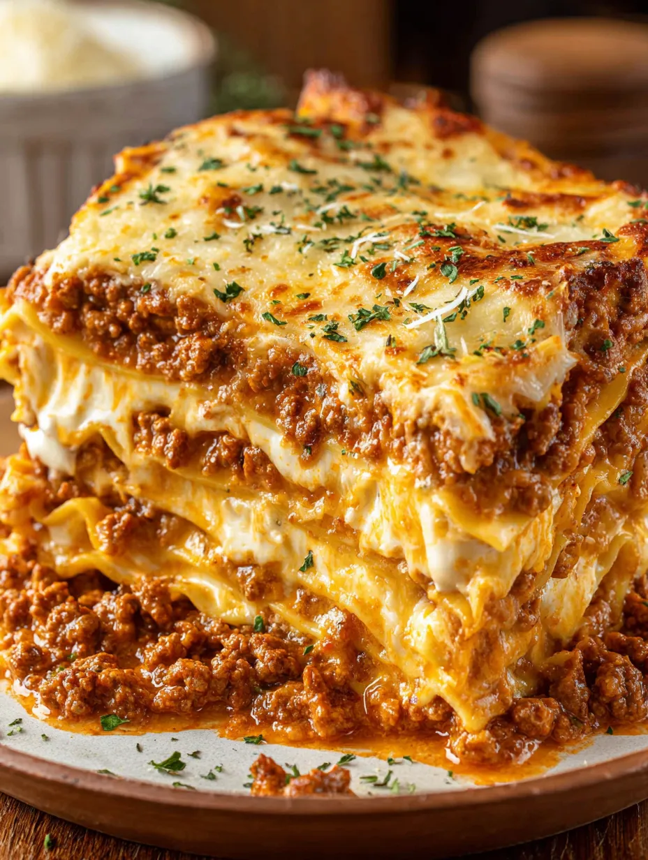 Eine Lasagne mit vielen Schichten und Zutaten, die auf einem Teller serviert werden.