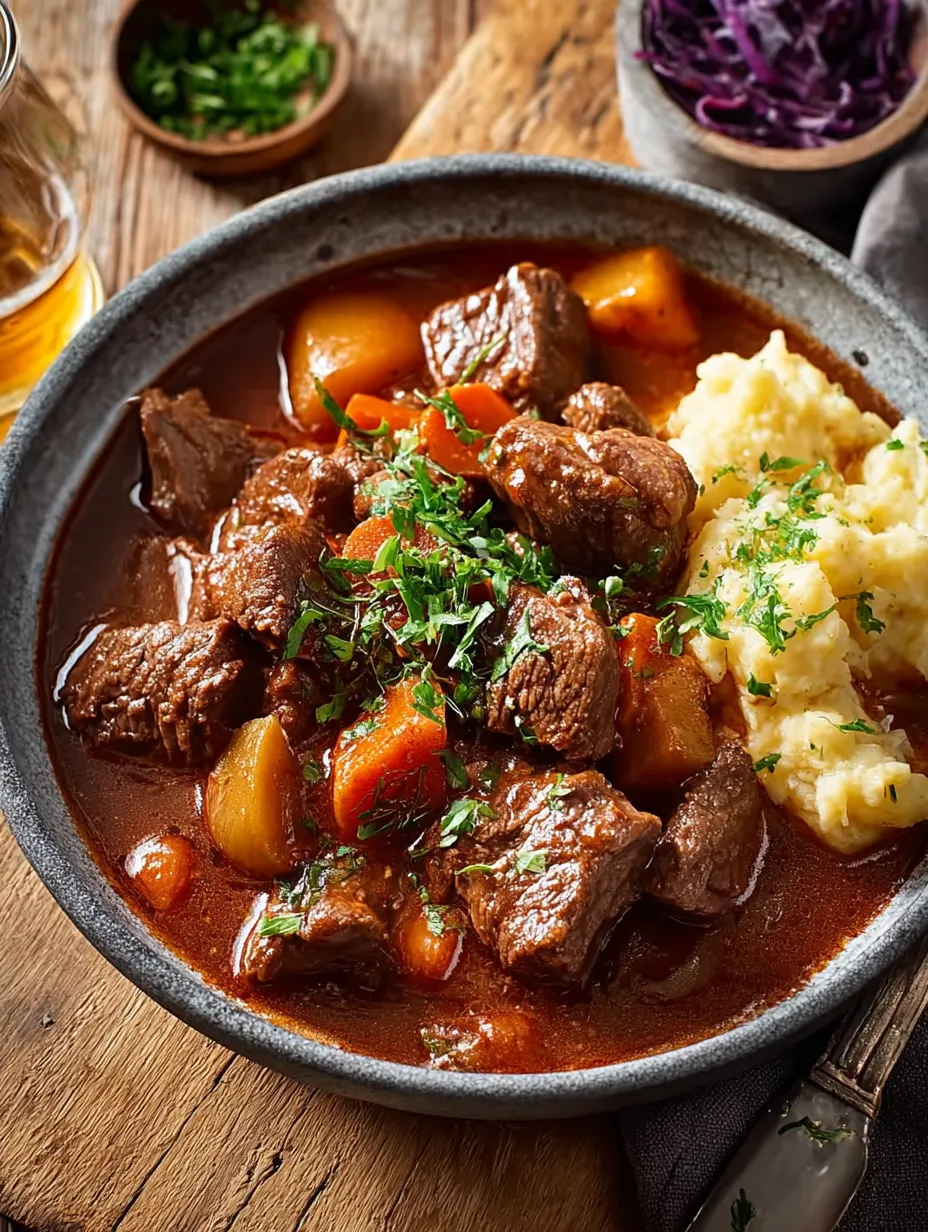Ein Schalen mit Gulasch, das aus Rindfleisch, Zwiebeln, Karotten und Kartoffeln zubereitet wurde.
