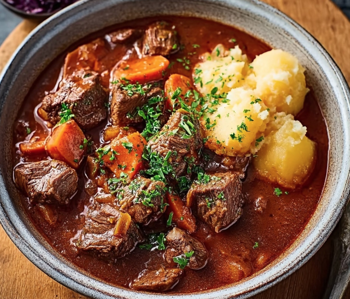 Ein Schüssel mit Gulasch, die mit Kartoffeln, Zwiebeln, Rindfleisch und Karotten gefüllt ist.