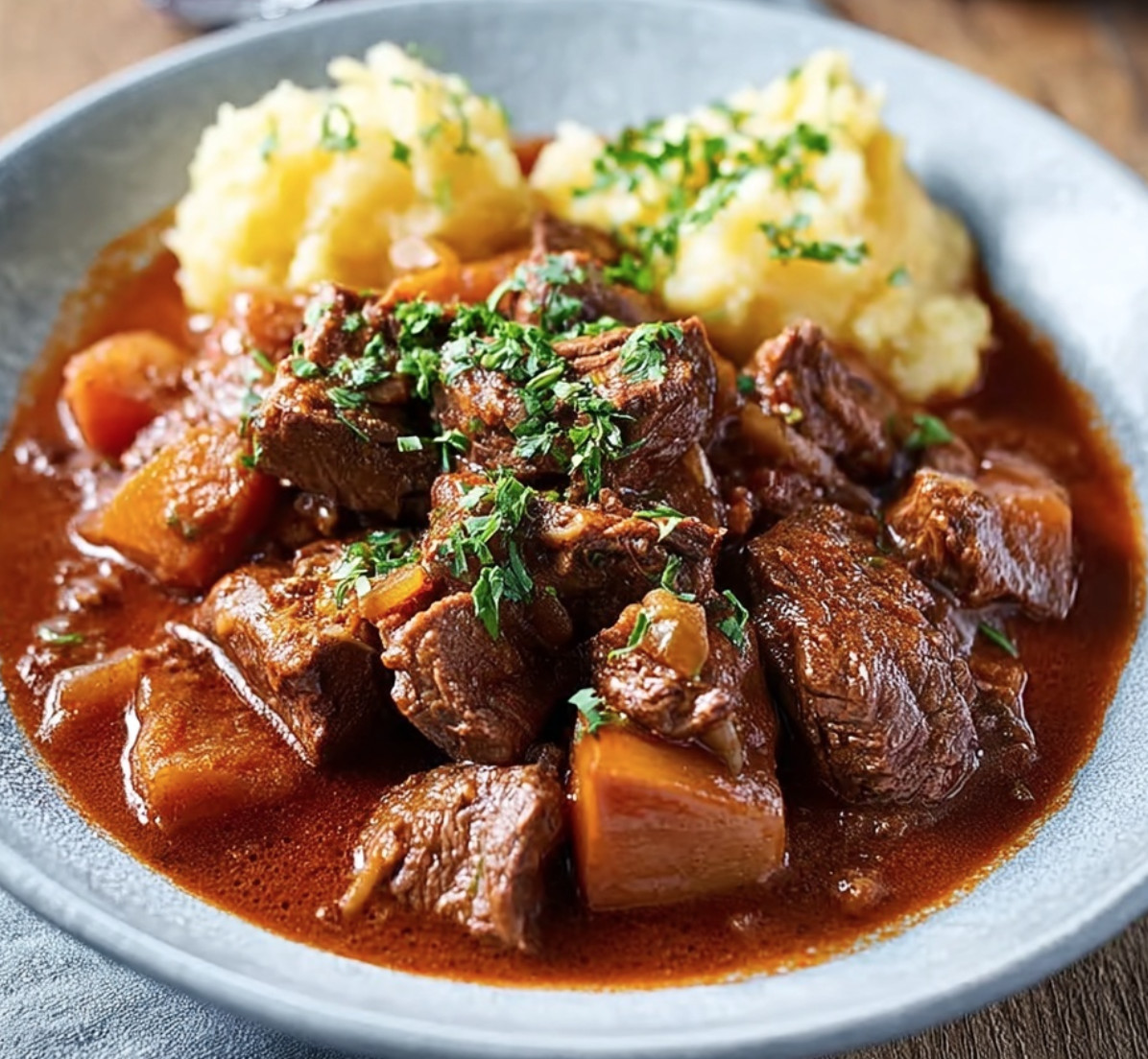 Ein Schüssel mit Gulasch, die mit Grüner Paprika und Zwiebeln zubereitet wurde.