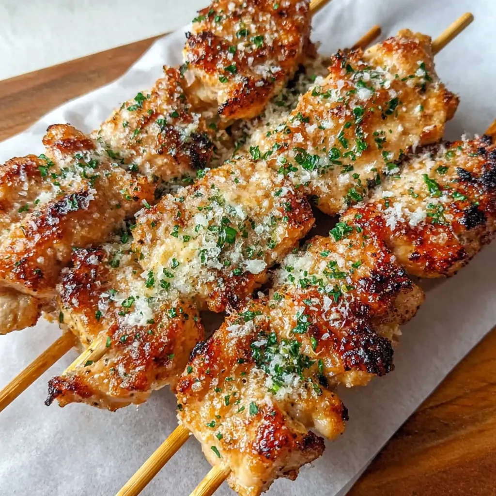 Eine Platte mit Hähnchen-Spießen, die mit Ranch-Knoblauch-Parmesan-Sauce garniert sind.