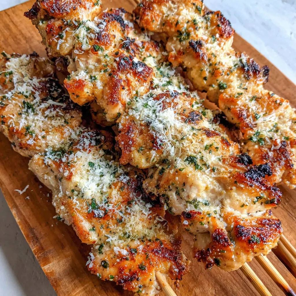 Eine Platte mit Hähnchen-Spießen, die mit Ranch-Knoblauch-Parmesan-Zutaten garniert sind.