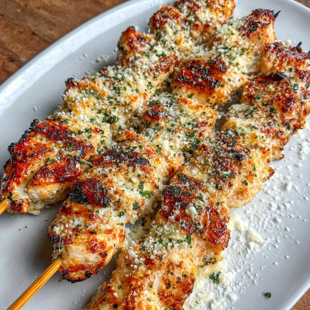 Eine Platte mit Hähnchen-Spießen, die mit Ranch-Knoblauch-Parmesan-Sauce garniert sind.