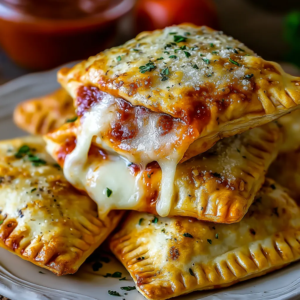Eine Platte mit Pizzataschen, die mit Käse und Tomaten gefüllt sind.