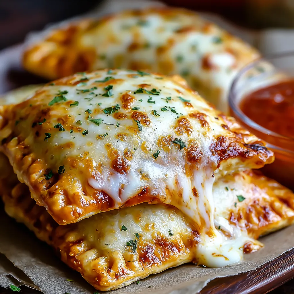 Eine Platte mit zwei Pizzataschen, die mit Käse gefüllt sind.