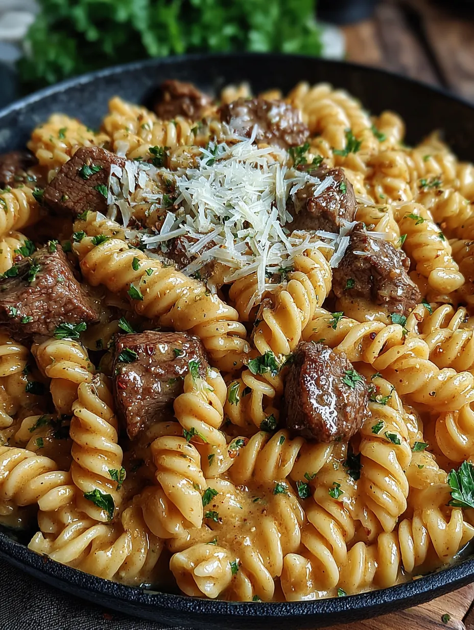 Ein Eintopf mit cremig-würzigem Knoblauchbutter-Steak und Pasta.