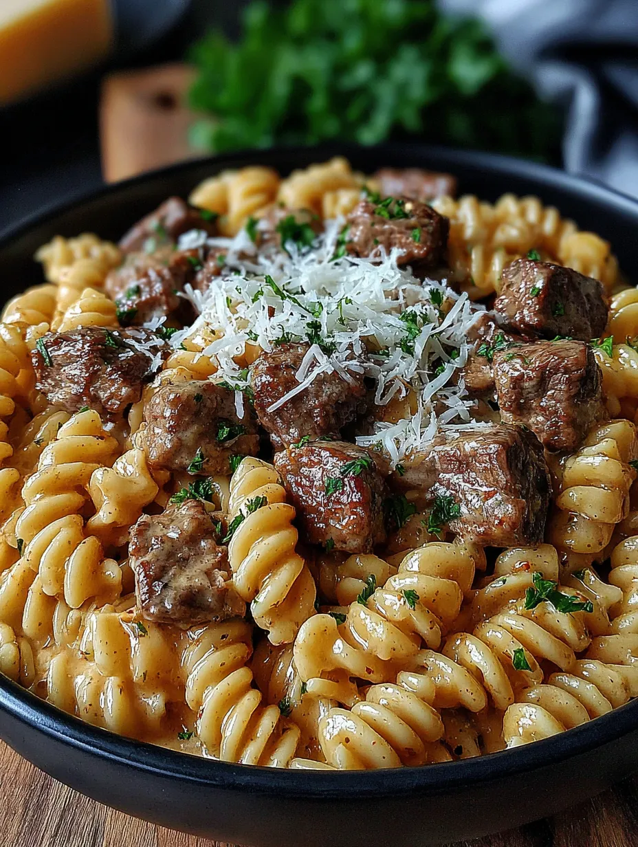 Ein Eintopf mit cremig-würzigem Knoblauchbutter-Steak und Pasta.