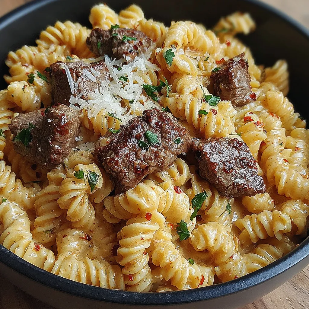 Ein Eintopf mit cremig-würzigem Knoblauchbutter-Steak und Pasta.