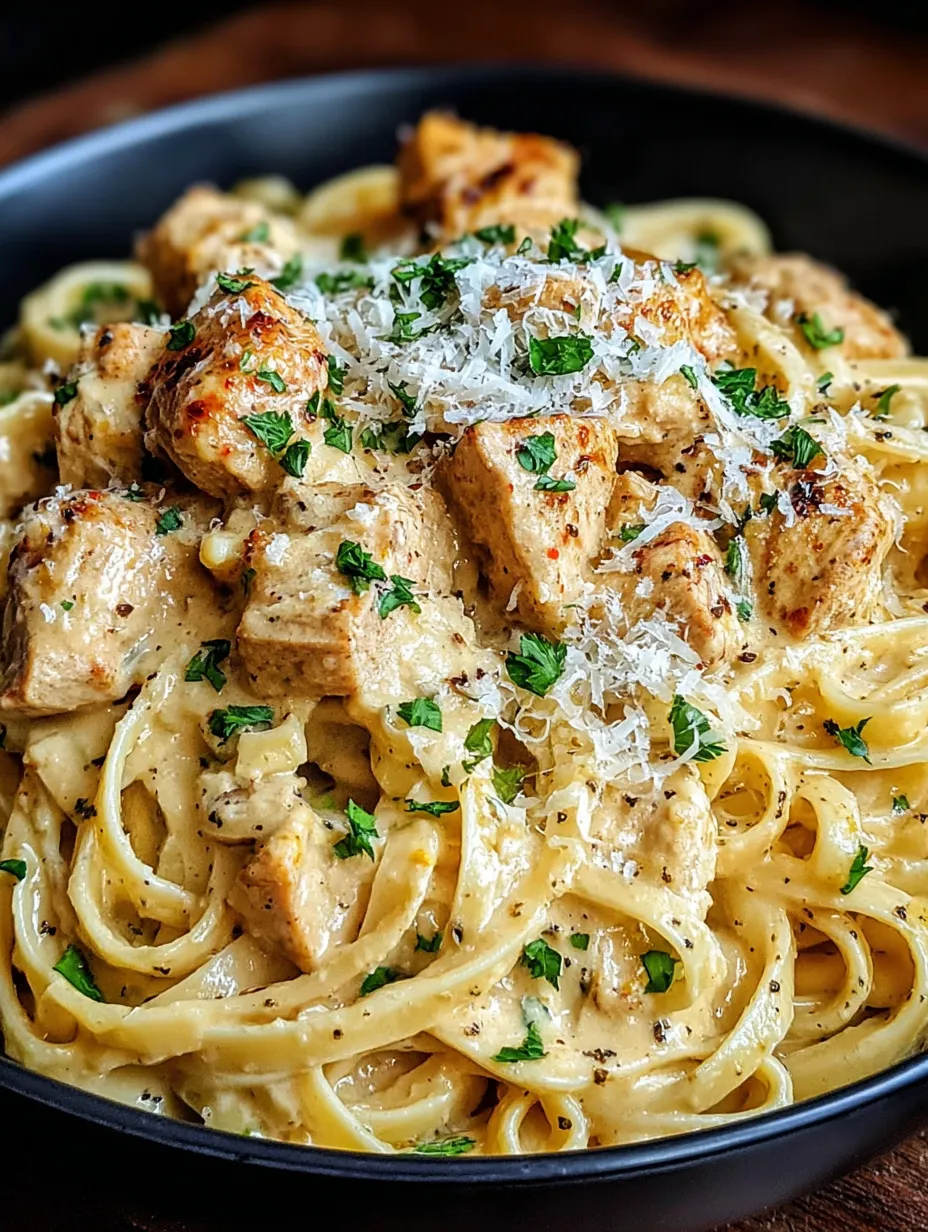 Ein Bild von einer Pasta-Gerichte, die mit Chicken, Butter und Linguine zubereitet wurde.