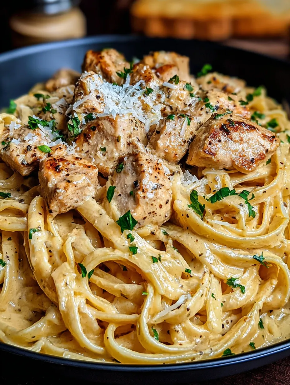 Ein Bild von einer Tasse mit Butter Chicken Linguine, die mit Parmesan und Zwiebeln garniert ist.