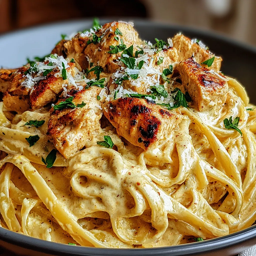 Ein Bild von einer Schüssel mit Cowboy Butter Chicken Linguine, die mit Parmesan und Zwiebeln garniert ist.