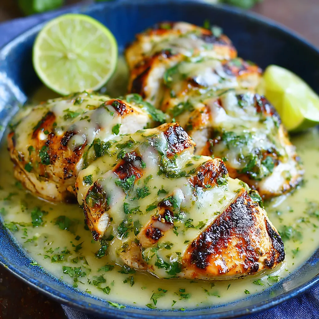 Ein Stück grilled Salsa Verde Pepper Jack Chicken auf einem Teller.