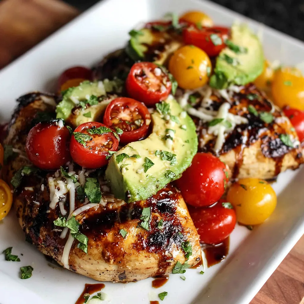 Ein weißer Teller mit gegrilltem Hähnchen, das mit Avocado und Tomaten garniert ist.