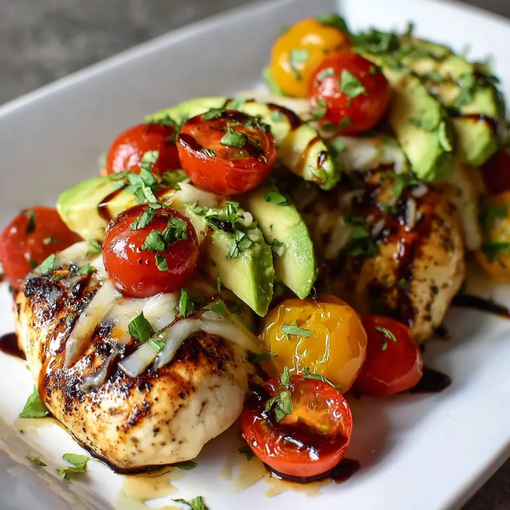 Ein weißer Teller mit gegrilltem Hähnchen, das mit Avocado und Tomaten garniert ist.