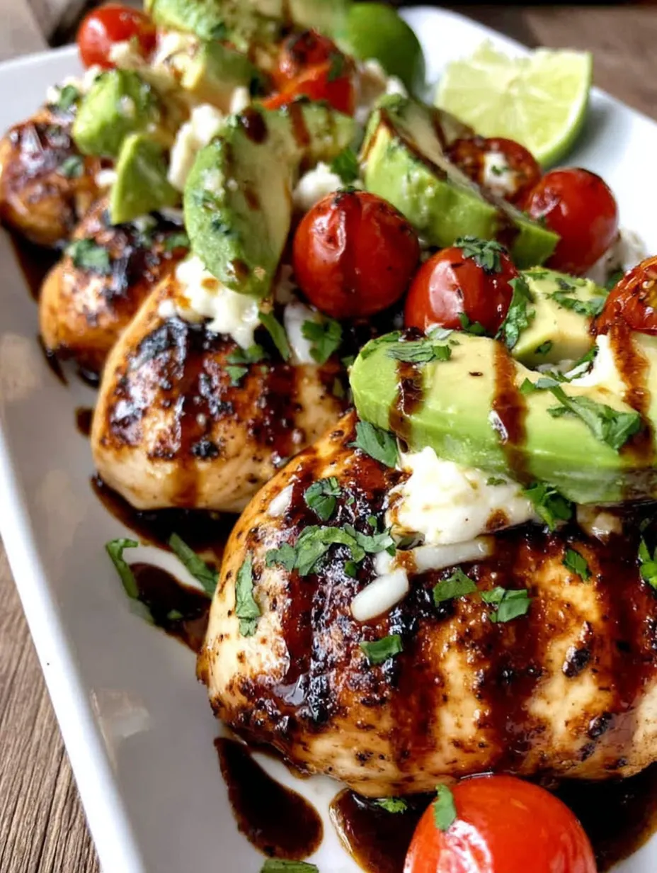 Ein weißer Teller mit gegrilltem Hähnchen, das mit Avocado und Tomaten garniert ist.