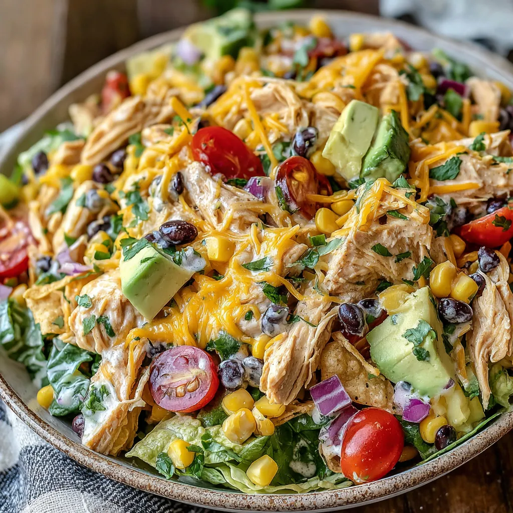 Ein großes, leckeres Hühnersalat mit vielen Zutaten wie Tomaten, Avocado, Kartoffeln, Kokosnuss, Paprika, Zwiebeln und vielen anderen Zutaten.