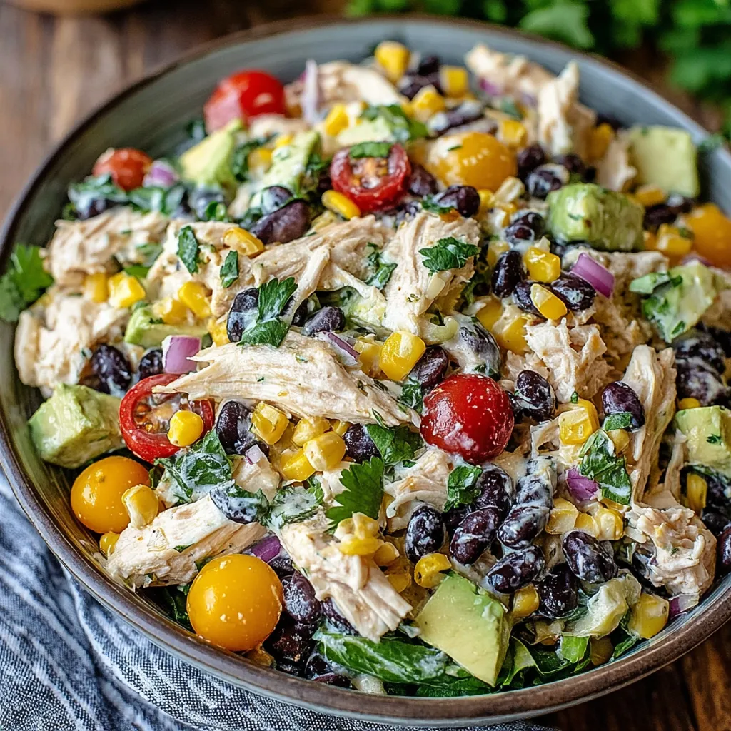 Ein großer, dunkelblauer Salat in einem Becher, der mit verschiedenen Gemüse und Hühnchen gefüllt ist.