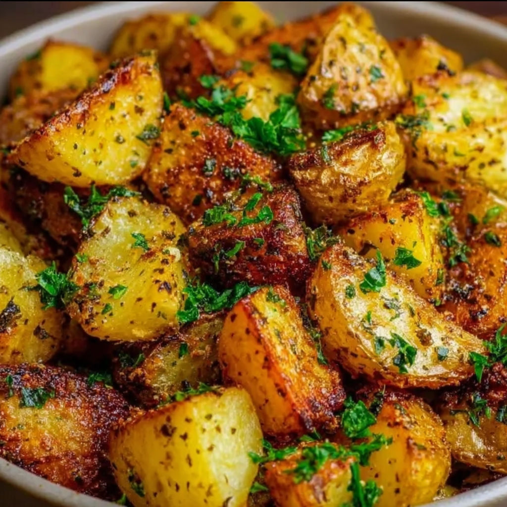 A bowl of roasted potatoes with herbs.