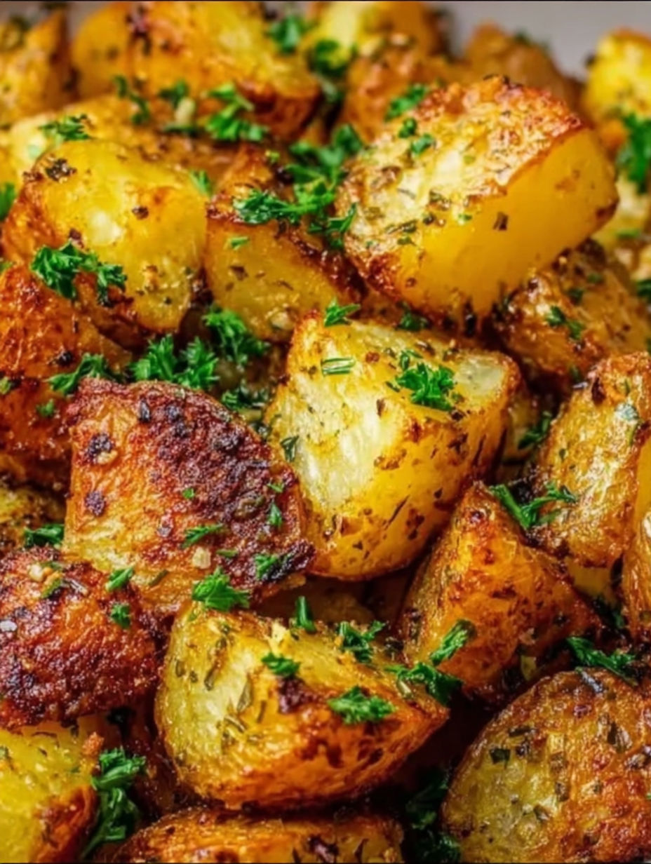 A close up of some potatoes with green herbs on top.