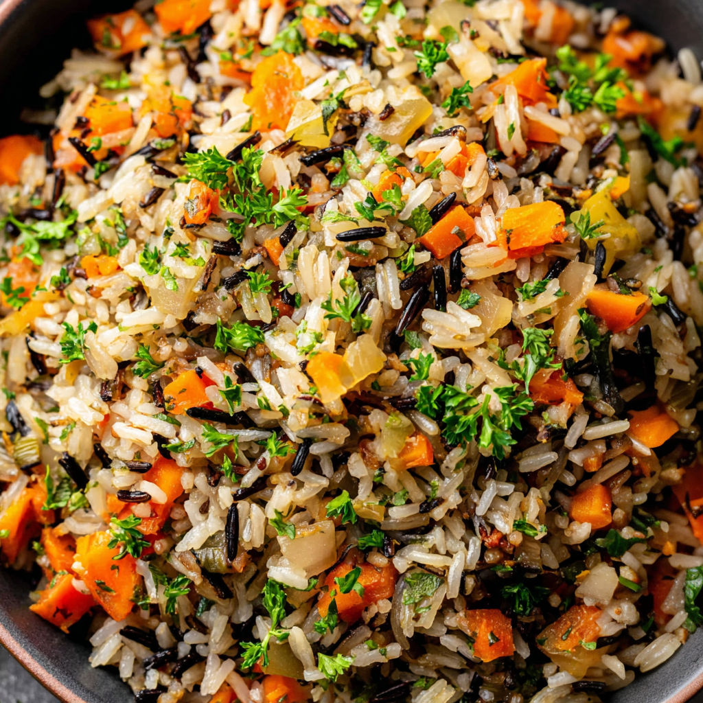A bowl of rice with vegetables and herbs.