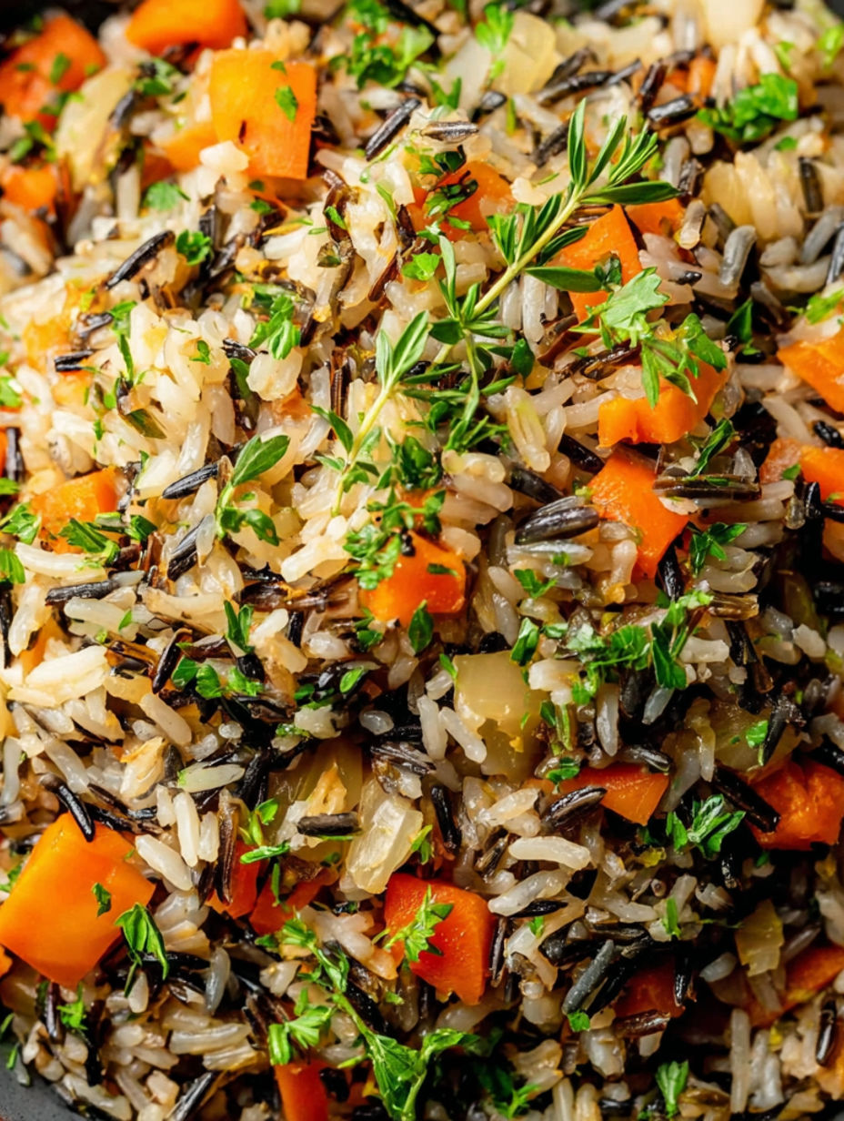 A pile of rice with carrots and herbs.