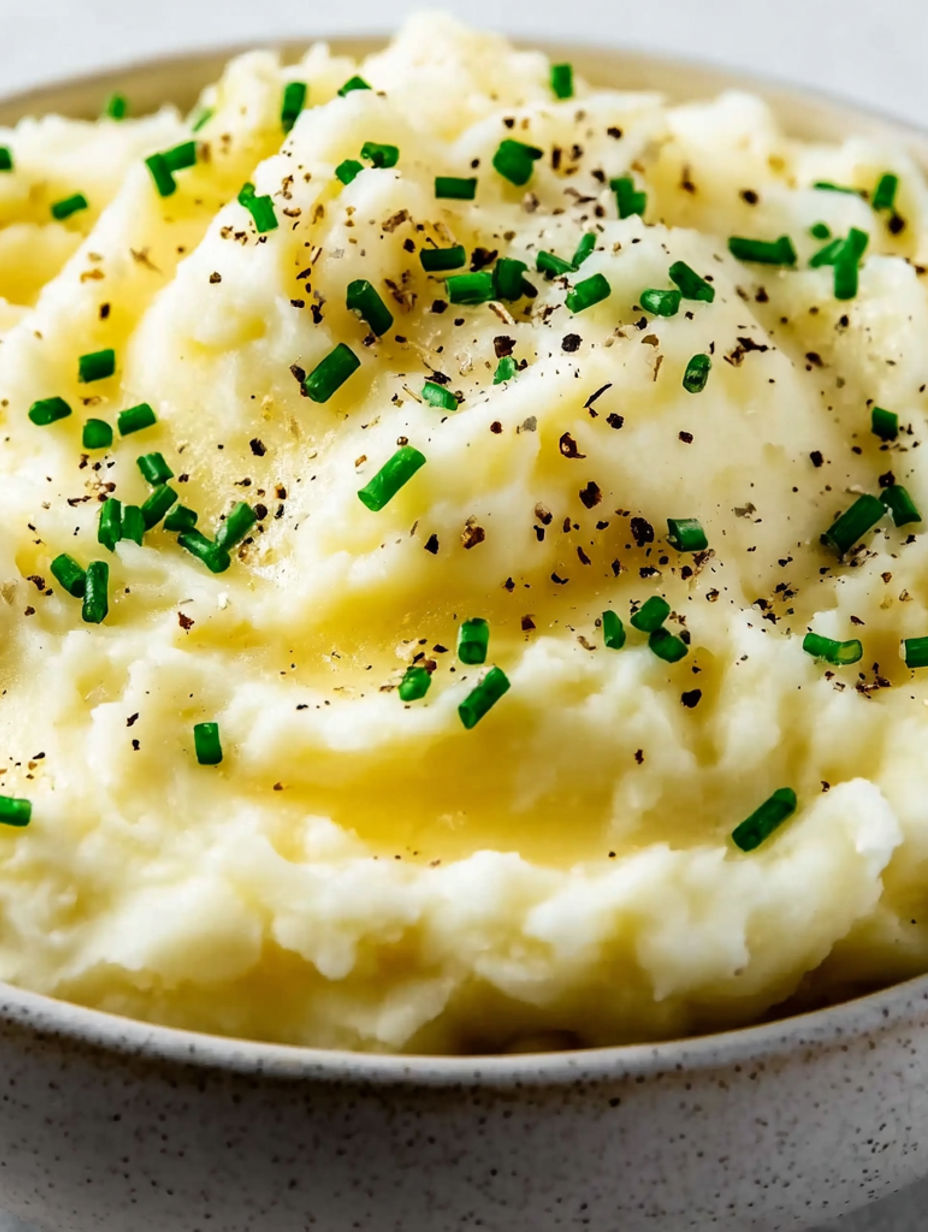 A bowl of creamy mashed potatoes.
