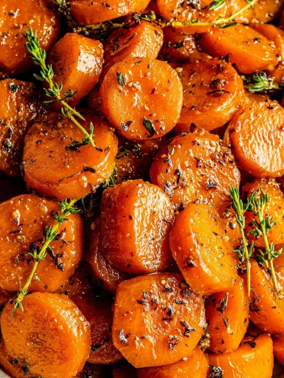 A close up of sliced carrots with herbs.