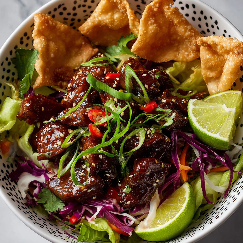 A bowl of food with meat, vegetables, and a wonton.