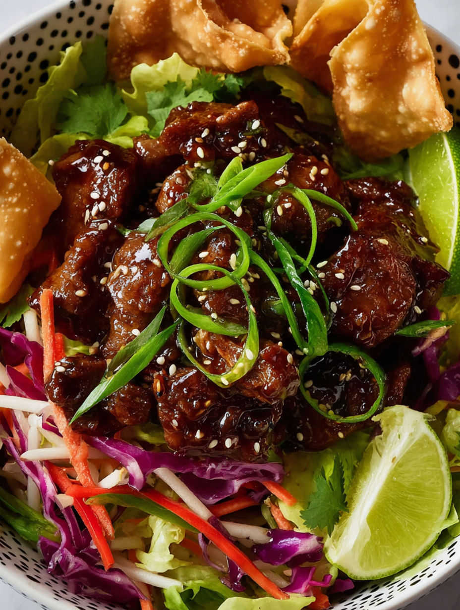 A bowl of food with meat and vegetables.