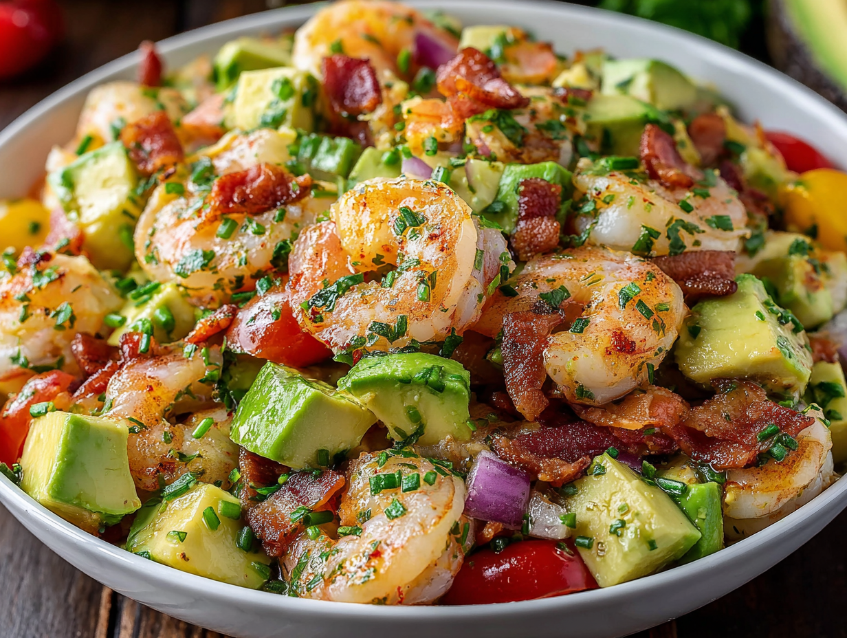 A bowl of shrimp and avocado salad.