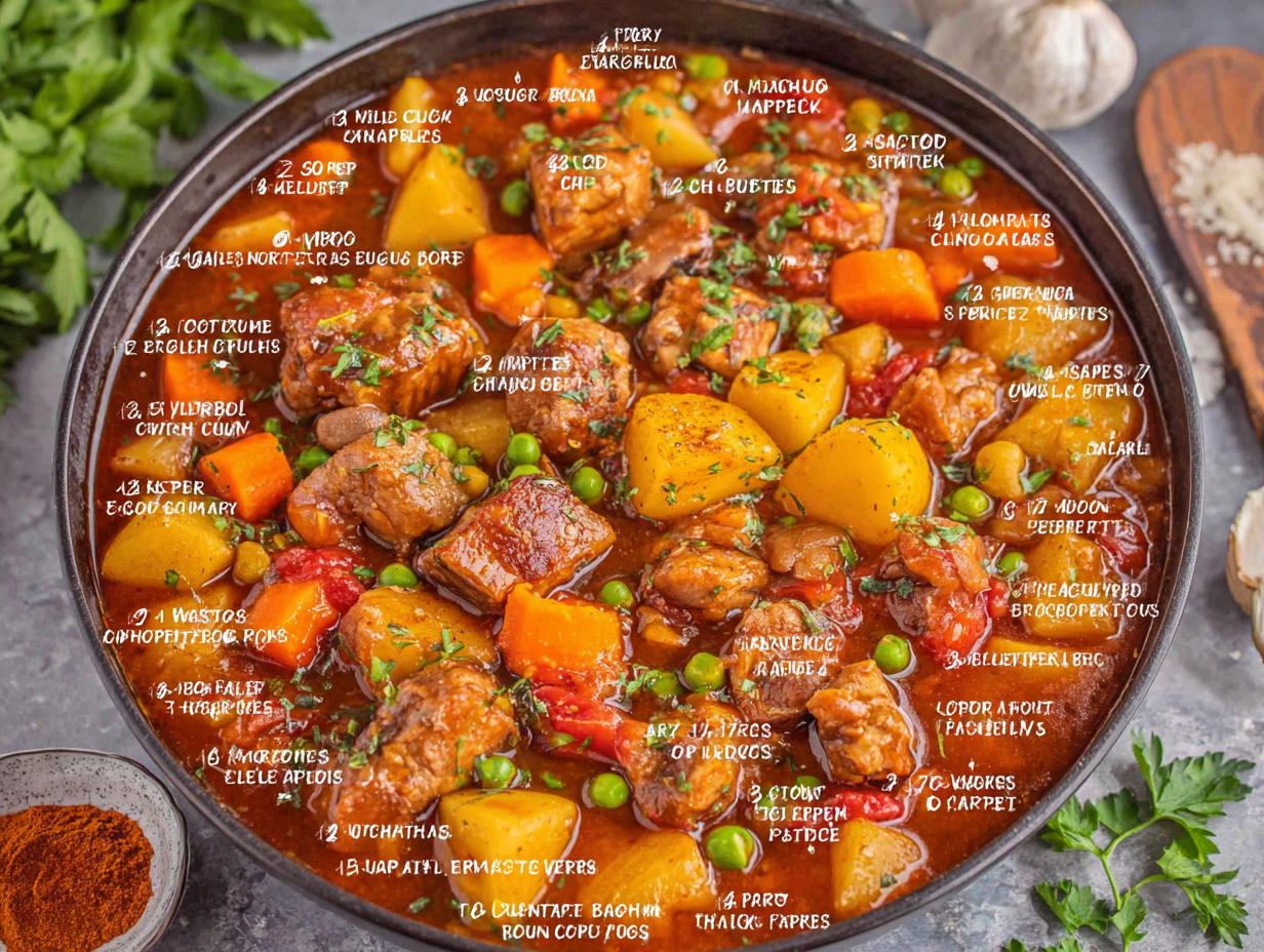 A bowl of gulasch with a list of ingredients.
