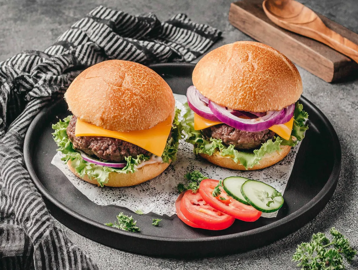 Two gulasch burgers on a plate.