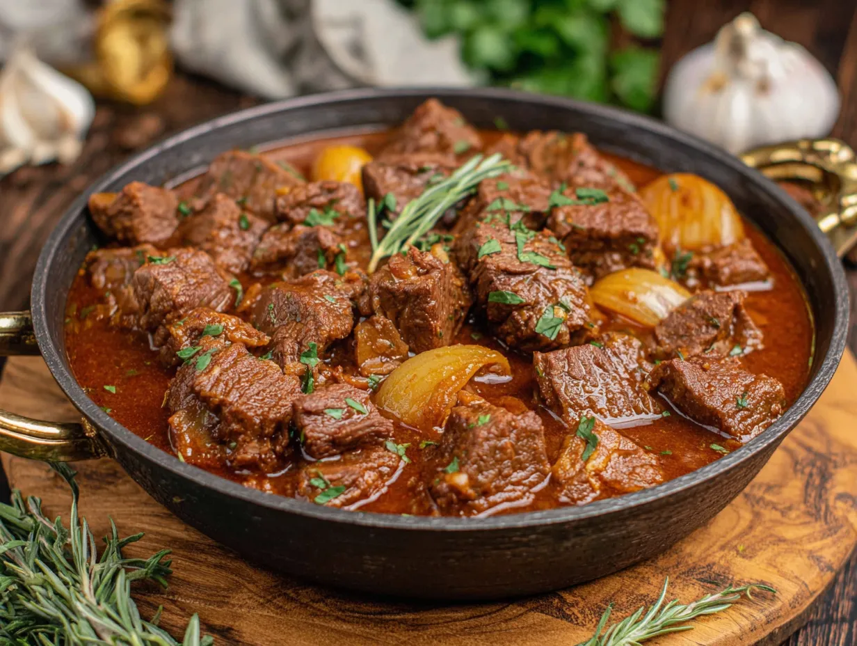 A bowl of meat and vegetables.