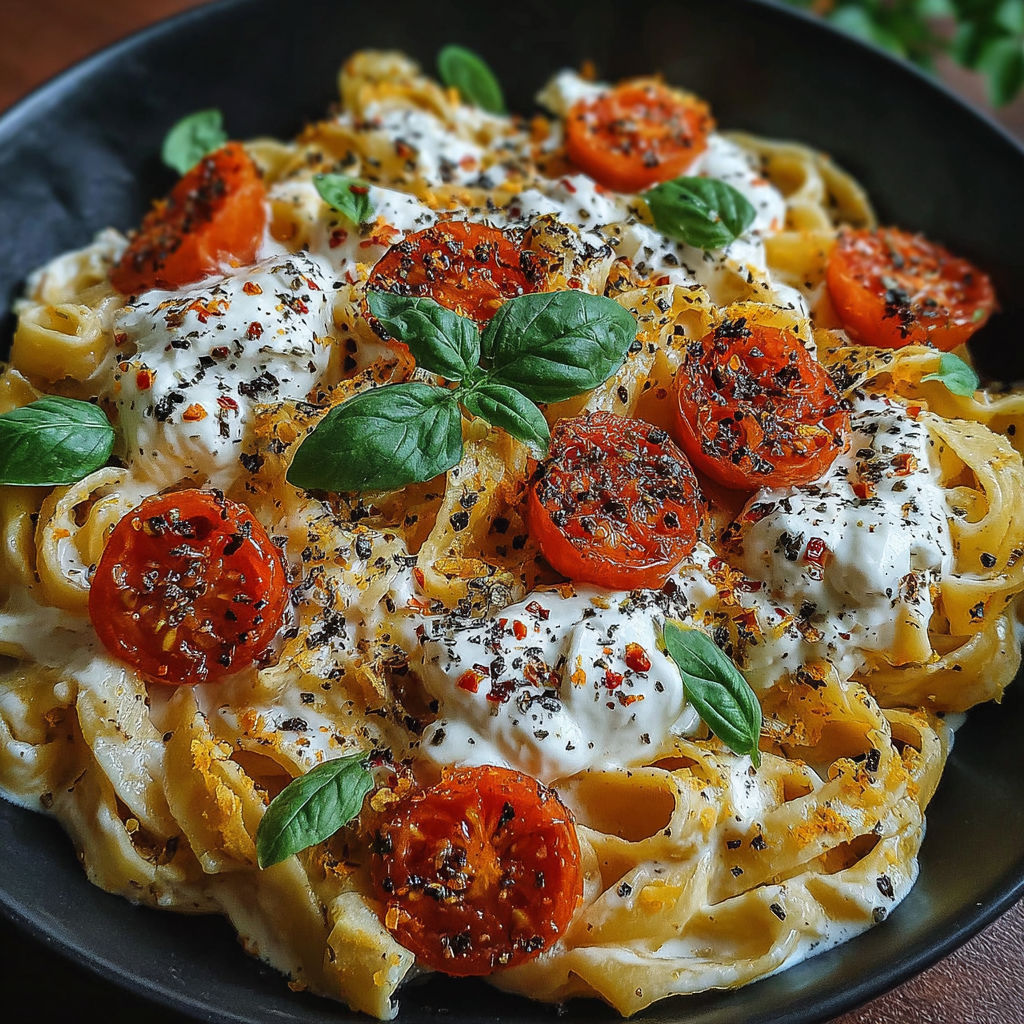 A bowl of pasta with tomatoes and cheese.