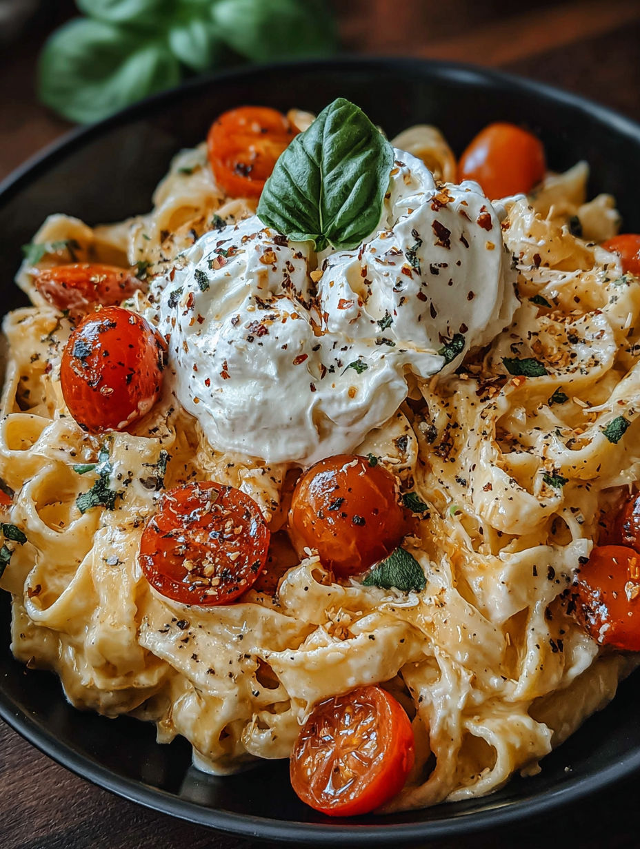 A bowl of pasta with tomatoes and cheese.