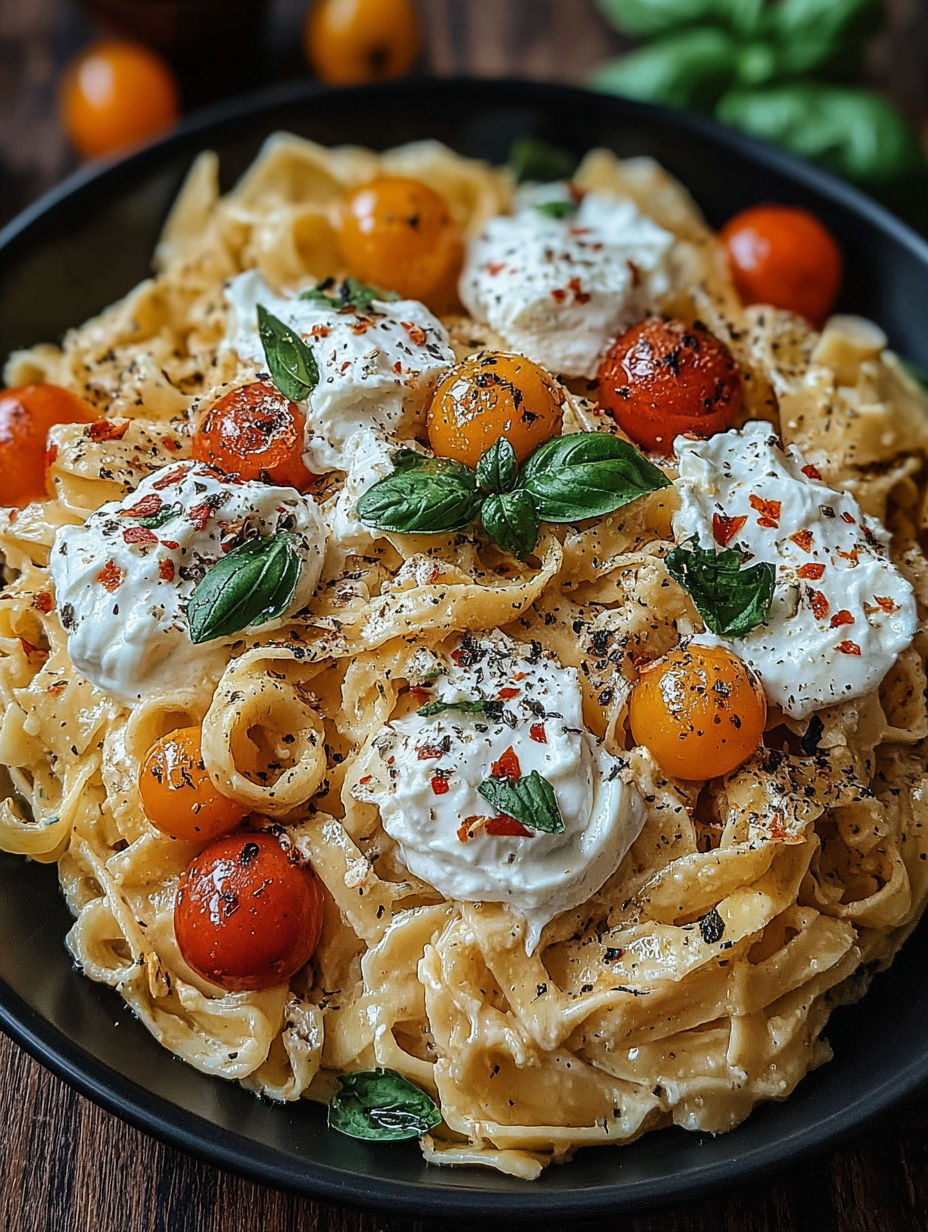 A bowl of pasta with tomatoes and cheese.