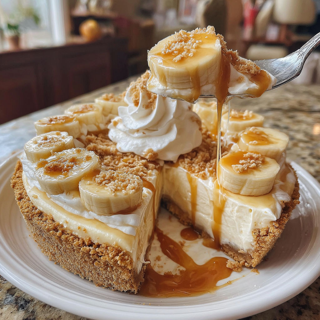 A slice of banana cream pie with a spoonful of caramel sauce on top.