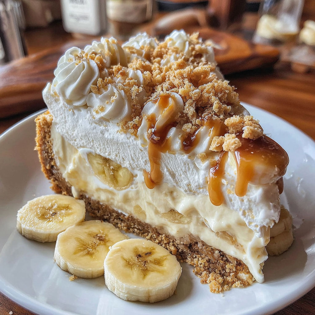 A slice of banana cream pie on a white plate.