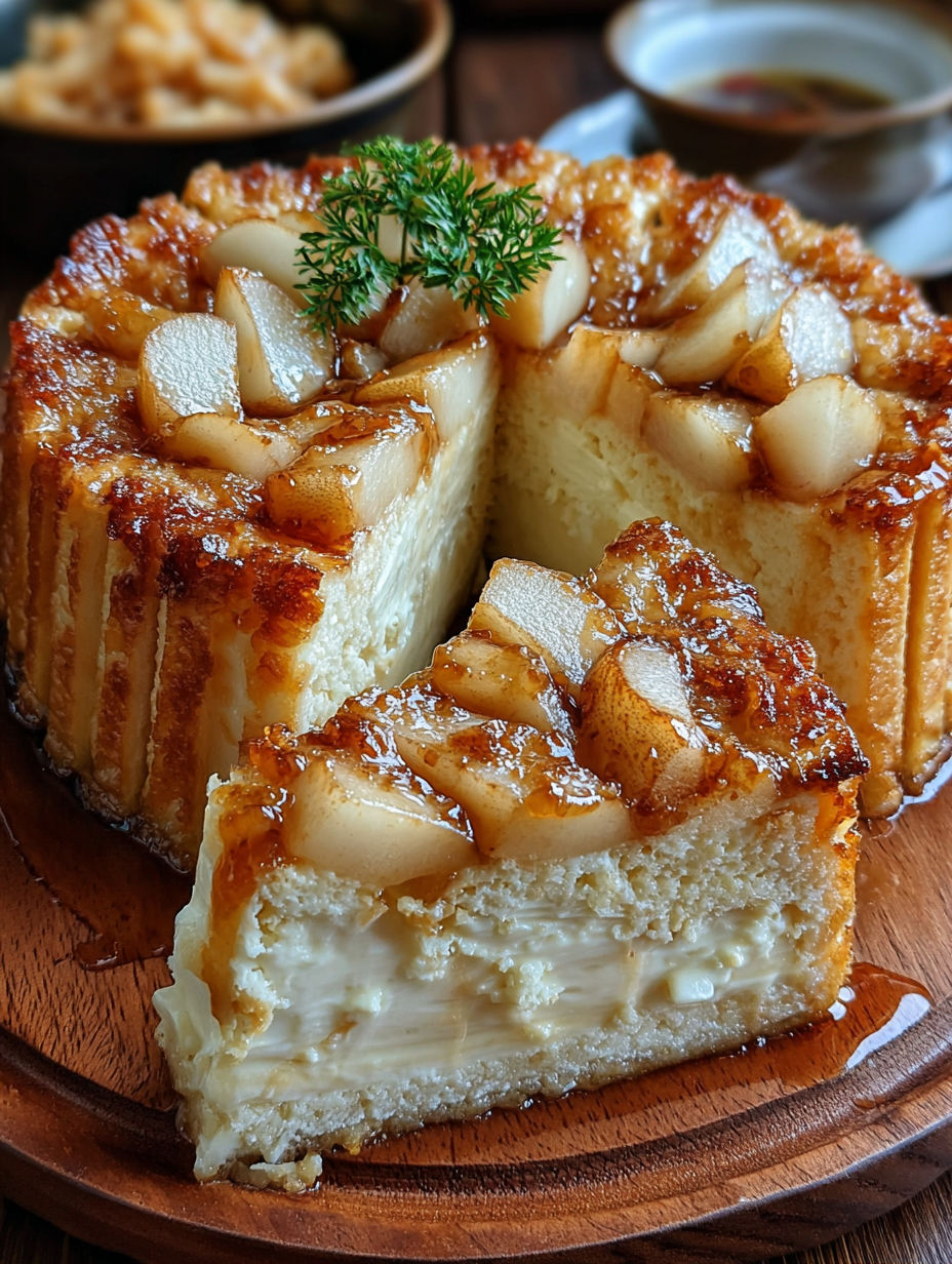 A slice of a cake with a sprig of parsley on top.