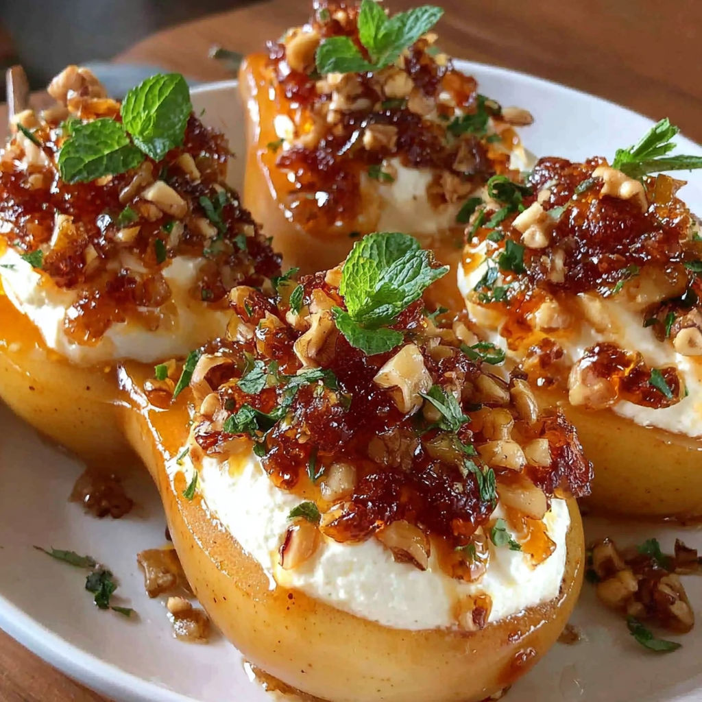 A plate of fruit with a sauce and nuts.