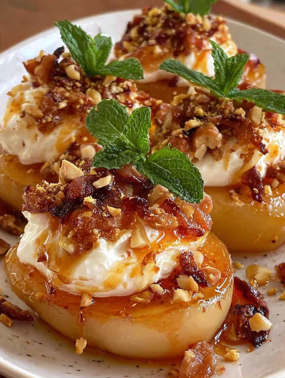 A dessert with a white sauce and nuts.