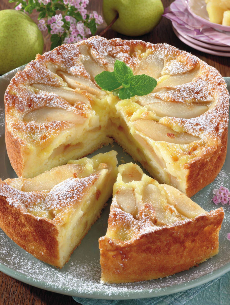 A slice of apple pie with a green leaf on top.