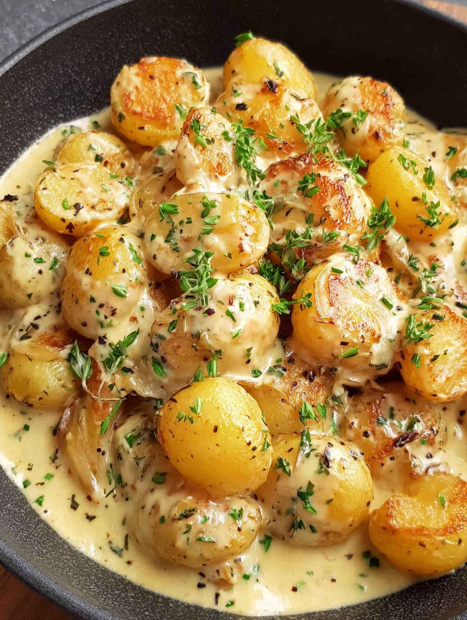 A bowl of potatoes with herbs and a creamy sauce.