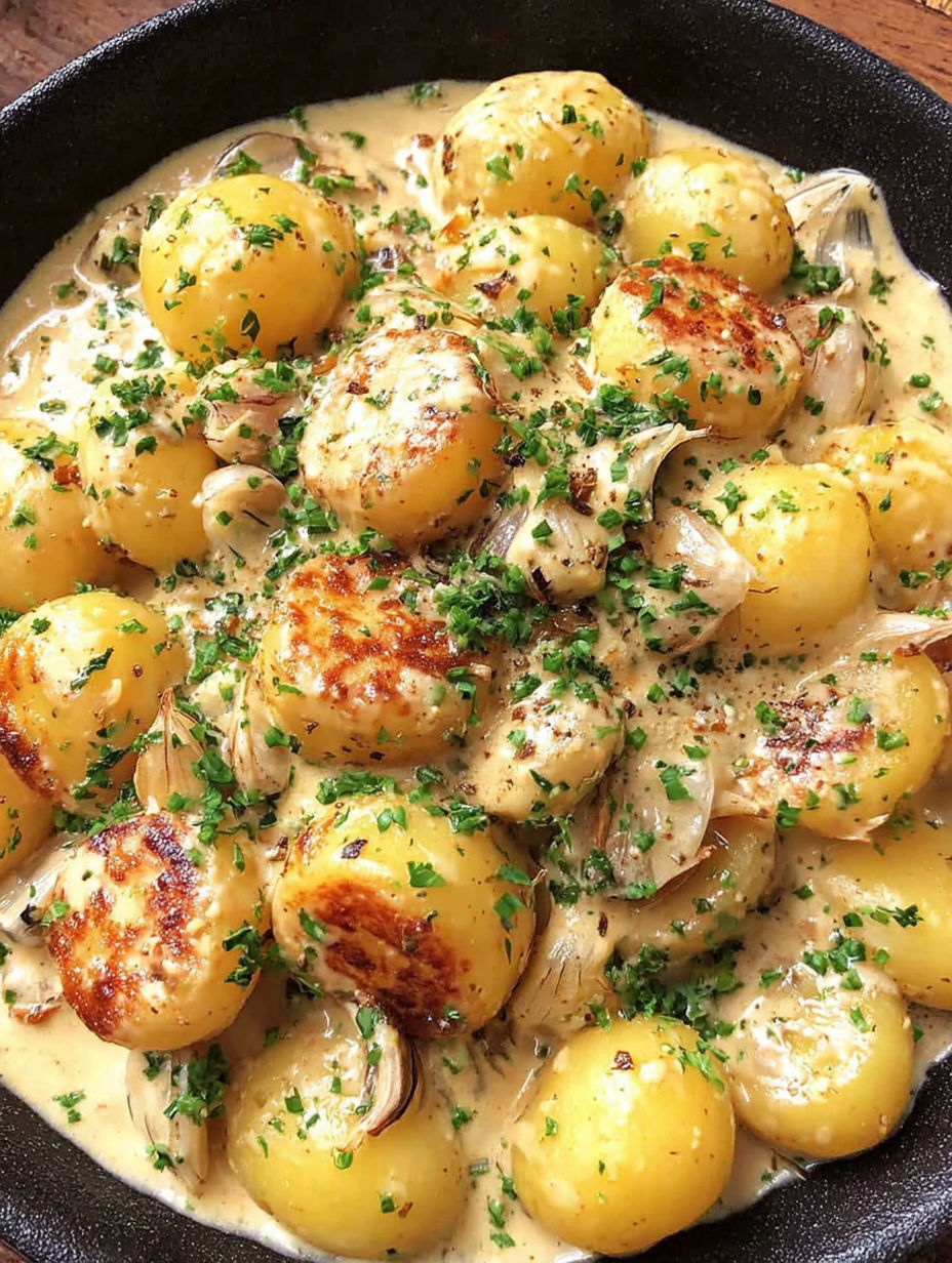 A dish of potatoes with onions and garlic.